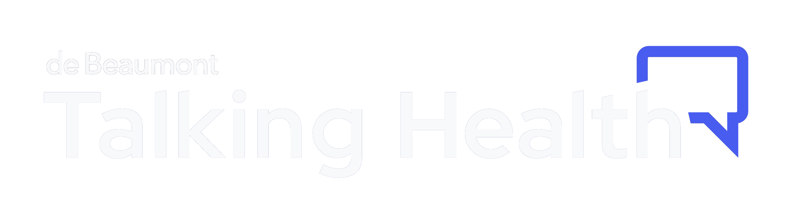 White Talking Health Logo with deBeaumont logo in smaller font above and chat bubble branding in Cobalt